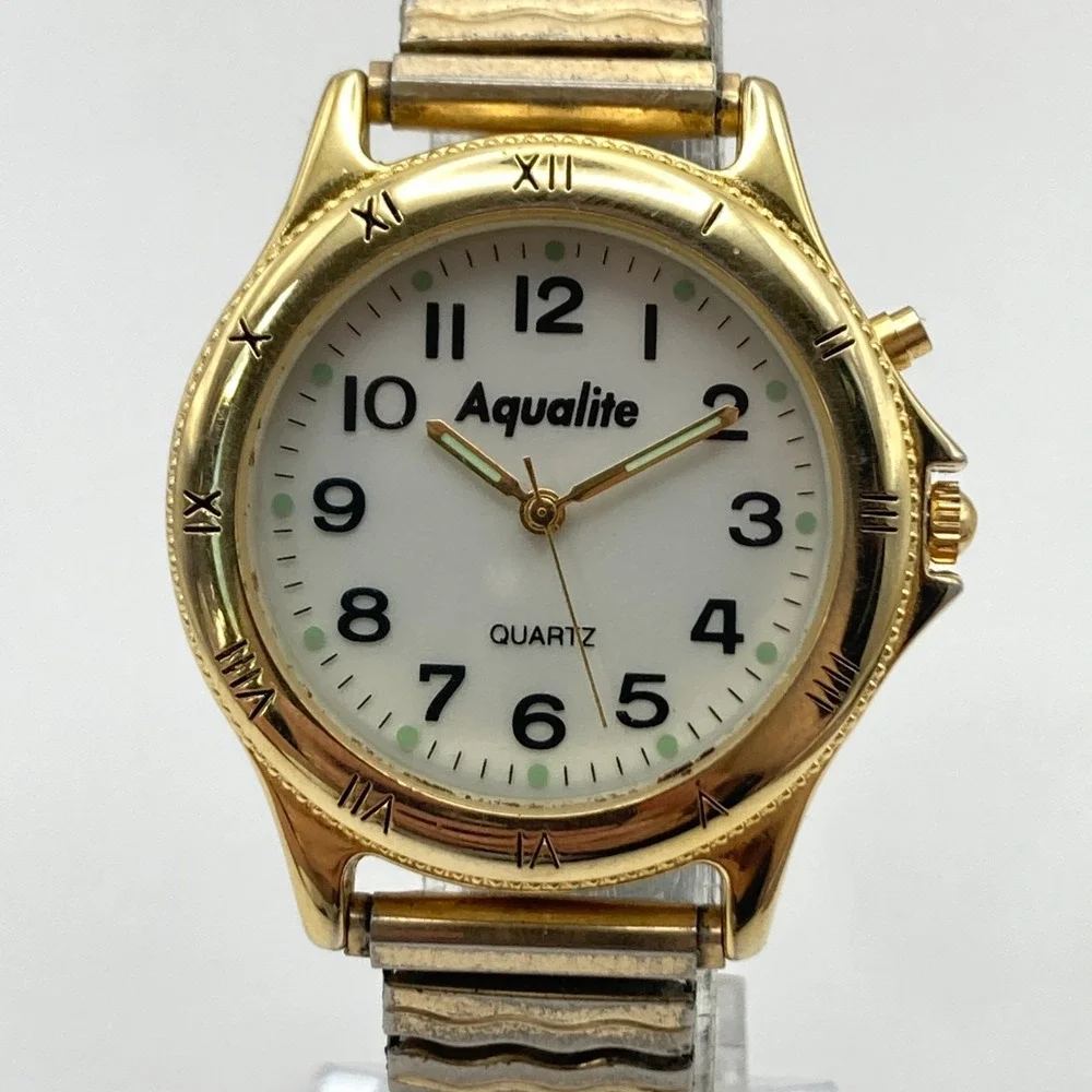 Vintage Aqualite Men's Watch 36mm Gold Tone Backlight Stretch Band New Battery